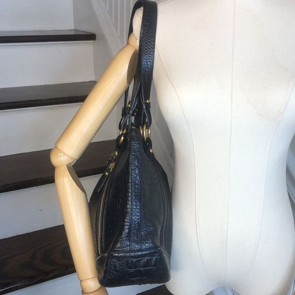 BRAHMIN Black Selma Croc Embossed Leather Pleated Shoulder Tote Bag Top Zipper - Picture 6 of 17